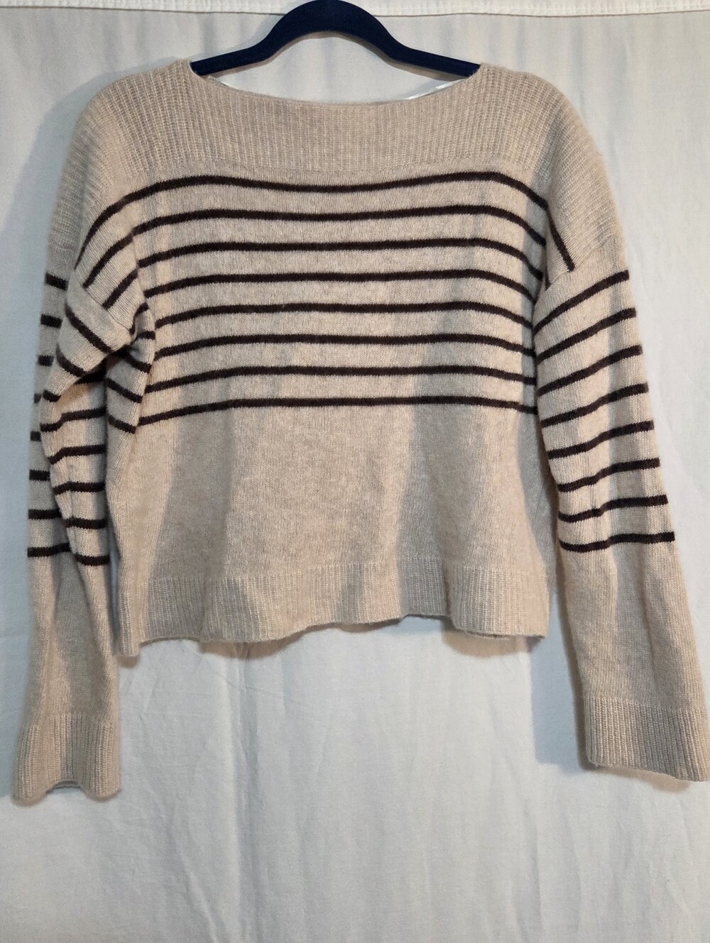 Bianca & Blue Merino Wool/Cashmere Striped Boatneck Sweater in Cream and Brown